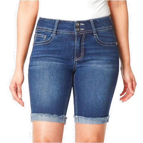 WallFlower Women's Luscious Curvy Denim Shorts Mid-Rise Bling and Belted Insta Stretch Juniors (Standard and Plus)