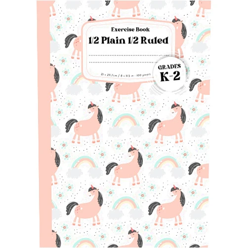 Mia Grace Hughes 1/2 Plain 1/2 Ruled: 100-page school exercise project book with half-lined and half-blank pages, perfect for young learners.Canadian classroom classic