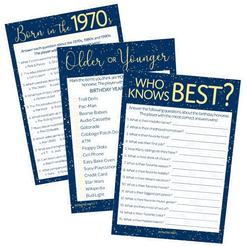 DISTINCTIVS Navy Blue and Gold 50th Birthday Game Bundle - Set of 3 Birthday Party Games for 20 Guests, Born in The 1970s Theme