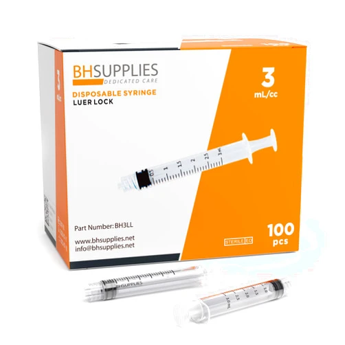 BH Supplies 3ml Luer Lock Tip Syringes (No Needle) - Sterile, Individually Wrapped - 100 Syringes