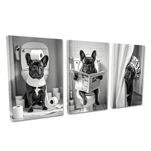 Aphila 3Pcs Black and White Bathroom Wall Art French Bulldog Reading Newspaper Dog on Toilet Canvas Wall Decor Bathroom Pictures Prints Posters Artwork Toilet Restroom Wall Decorations 12x16 Inch Framed