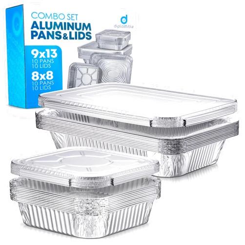 Diplastible Disposable Aluminum Pans With Lids, 9x13 (10pc) And 8x8 Square (10pc) Combo Set, Disposable Baking and Cake Pan (Pack of 20)