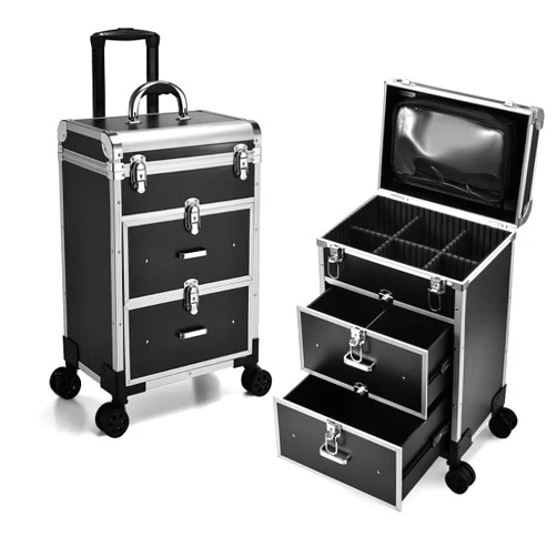 Adazzo Professional Rolling Makeup Train Case with Drawers, Large Cosmetic Trolley with Locks, Cosmetics Storage Organizer Make up Case for Travel Makeup/Nail Art/Hair Styling, Matte Black