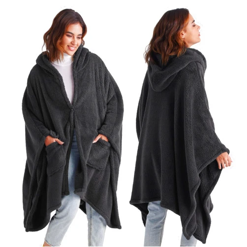 Bedsure Blanket Poncho for Women, Wearable Fleece Blanket with Pockets for Adults, Warm Winter Poncho Shawl, Soft Blanket Wrap Cape as Birthday Gifts for Women Mom (Charcoal, 36'' x 55'')