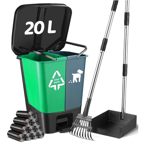 Biubiucat Dog Pooper Scooper, 20L Dog Poop Trash Can Set, XL Long Handle Rake, Easy Pick Up Poop Scooper,150 Waste Bags, Dog Poop Trash Bin for Small/Large Dog Families