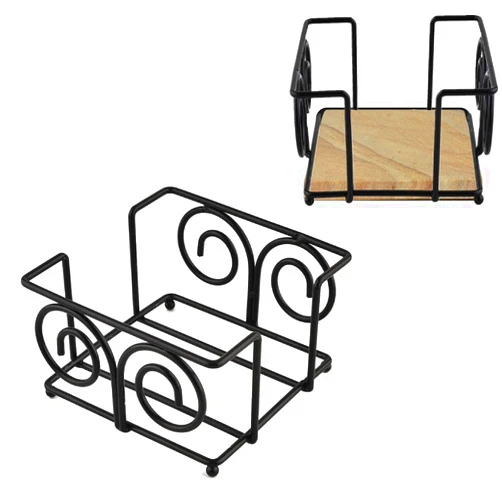 ROJOSER Kocent Vintage Coaster Holder Black Iron Metal Holder Storage Caddy for Both Round and Square Coasters Fit 4 to 9 Pieces Coasters,4.3 Inch (1)