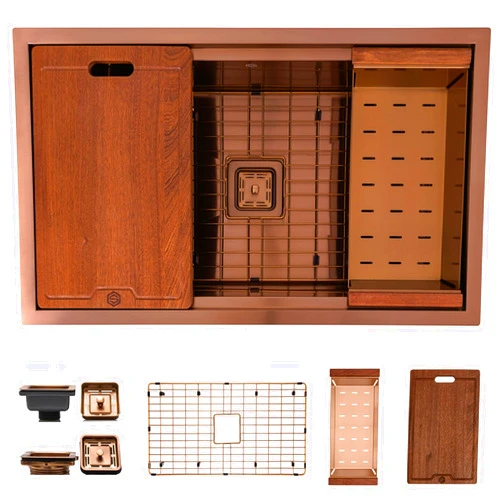 S STRICTLY KITCHEN + BATH Strictly Sinks Undermount Workstation Copper Kitchen Sink –32 Inch 16 Gauge Single Bowl Kitchen Sink with Bottom Grid, Wooden Cutting Board, Colander, 1 Garbage Disposal Adapter, & 1 Strainer Drain