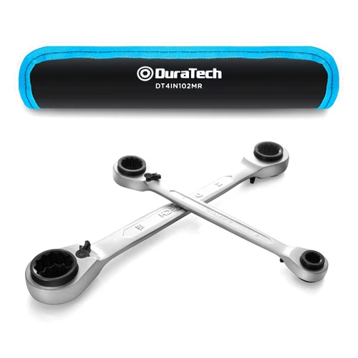 DURATECH 4-in-1 Reversible Ratcheting Box Wrench Set, Double Box End, Metric, 2-Piece, 8, 10, 12, 13 & 14, 15, 17, 19 mm, CR-V Steel, Matte Chrome Plated, with Rolling Pouch