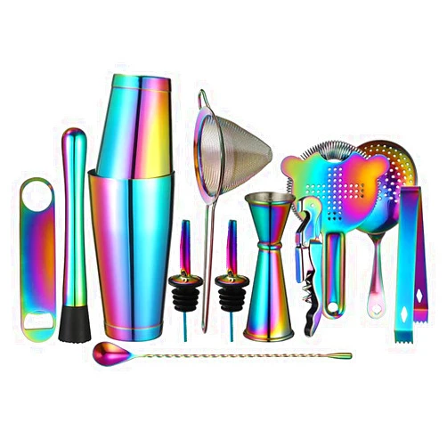 Cocktail Geek Cocktail Shaker Set - 13-Piece Bar Accessories Kit w/Weighted Boston Shaker, Strainer, Jigger, Muddler,Mixing Spoon and More - Home Bartending Tools, Accessories for Bartender, Rainbow
