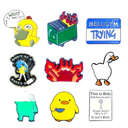YJ PREMIUMS 9 PC Funny Pins Fun Enamel Pin Set Sarcastic Cool Cute Metal Lapel for Adults Backpacks Bag Hat Lanyard Buttons Vest This is Fine Dumpster Fire Frog Bob Salty Duck Goose Novelty Accessories