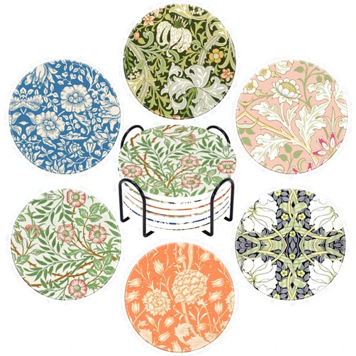 Generic AnyDesign 6Pcs William Morris Floral Ceramic Coaster Plant Flower Absorbent Drink Coaster with Cork Base and Metal Holder for Coffee Table Room Bar Home Decor Housewarming Gifts