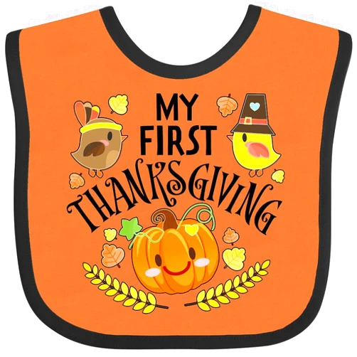 inktastic My First Thanksgiving- Autumn Birds, Pumpkin Baby Bib