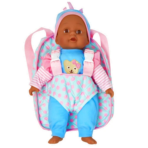 Dolls To Play - Baby Doll with Take Along Blue and Pink Doll Carrier, Pocket Fits Doll Accessories and Clothing African American 13 Inch