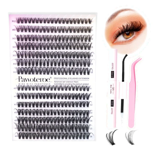 Pawotence Lash Extension Kit DIY 280pcs Lash Clusters Eyelash Extension Kit, 9-16mm Mix 30D 40D Curl Individual Lashes Kit with Lash Bond and Seal Lash Tweezers for Self Use(30D&40D-0.07D-9-16MIX KIT)