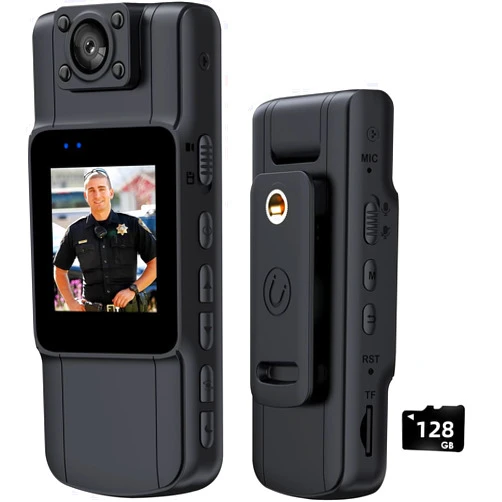 AKFDD 128GB Body Camera with Audio and Video Recording - 1080P Body Cam with 180° Rotatable Lens Night Vision Cameras Video Recorder Portable Wearable Bodycam, Camcorder for Police, Cycling, Delivery