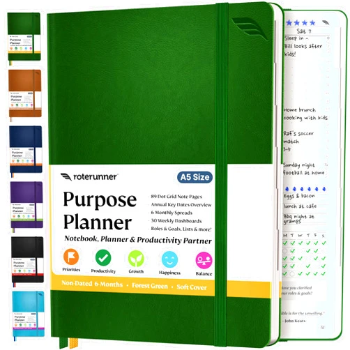 Roterunner Purpose Planner Notebook A5 5.8”x8.3” Undated 2025 Daily Weekly and Monthly Productivity Goal Setting Tool for Work Home ADHD Planner for Adults Self Care Journal (Green Softcover)