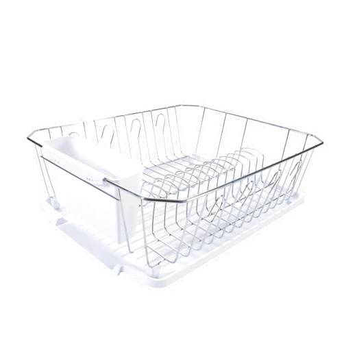 Kitchen Details 3 Piece Dish Rack | Drying Rack, Cutlery Basket & Drainboard Tray | Countertop | Self Draining | Open Wire Design | Chrome | White