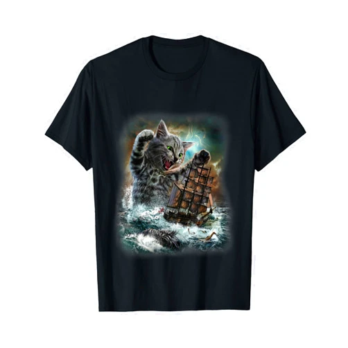 Fox Republic Design Giant Cat as Kraken Sea Monster Ambush a War Ship in Ocean T-Shirt