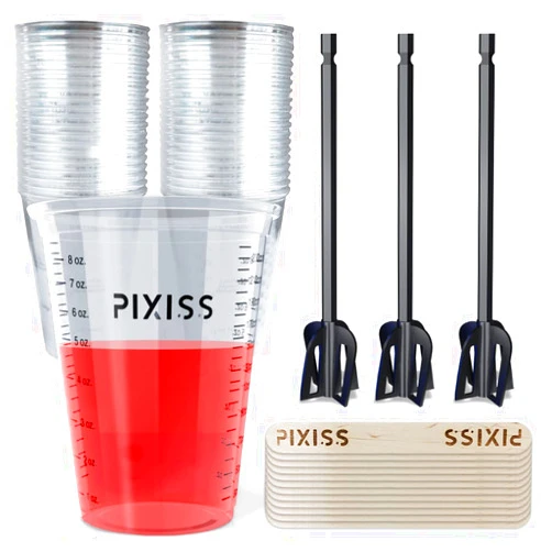 Pixiss 50 Resin Mixing Cups & Resin Mixing Paddles - 10-Ounce For Measuring Paint, Resin, Epoxy - 3 Reusable Pixiss Multipurpose Bidirectional Paint Stirrer for Drill Epoxy & Paint Mixer Drill Attachment