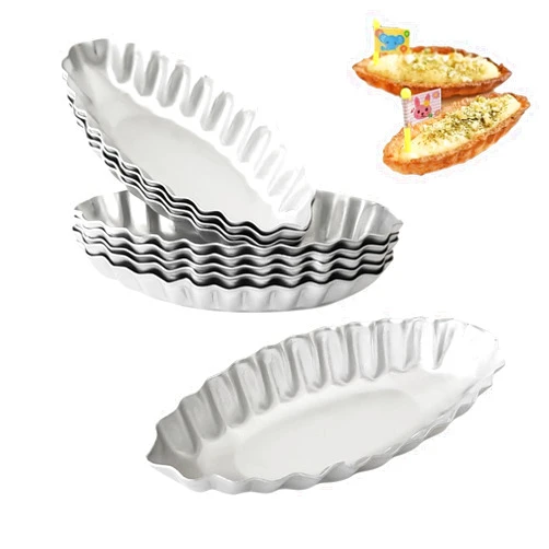 Heluok Tiny Tart Pan Boat Shape, 10PCS Egg Tart Mold Fluted Edge, Wave Flower Aluminum Baking Tool, Reusable Dessert Tray for Small Tartlets, Quiches