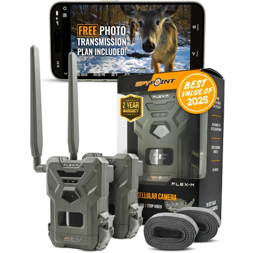 SPYPOINT Flex-M Twin Pack Cellular Trail Cameras - Best Hunting Accessories, No WiFi Needed, GPS, Night Vision, Dual-Sim LTE, IP65 Water-Resistant Game Camera, 28MP Photos, 720p Videos + Sound (2)
