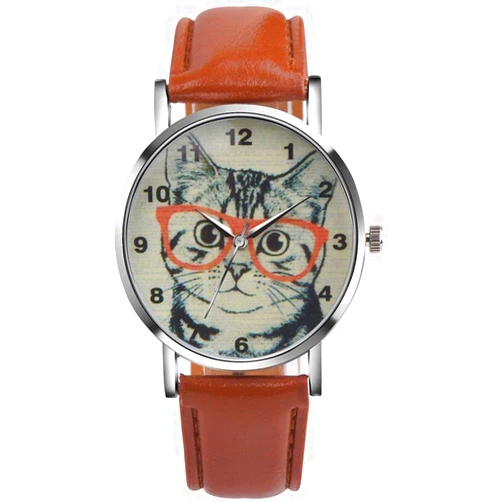 LsvtrUS Unisex Scholar Cat Pattern Leather Band Analog Quartz Dial Wrist Watch (Blue)