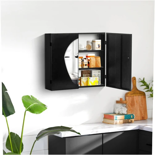WWZGGO Black Modern Bathroom Wall Cabinet with Mirror - Wall Mounted Utility Medicine Cabinet for Kitchen, Living Room Garage Laundry Room - Wooden Storage Over Sink Toilet