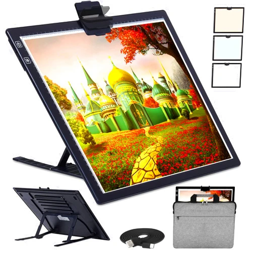 ASRAS A3 Led Light Pad with Carry Bag , 2500mha Battery Powered , 3 Colors Stepless Dimmable 6 Levels of Brightness Light Box Tracing Light Box for Diamond Painting ,Built-in Stand, Magnet Clip