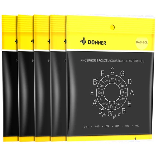 Donner Light Acoustic Guitar Strings Phosphor Bronze Coated 5 Sets of 6 Hex Steel String 11-50 DAS-20L