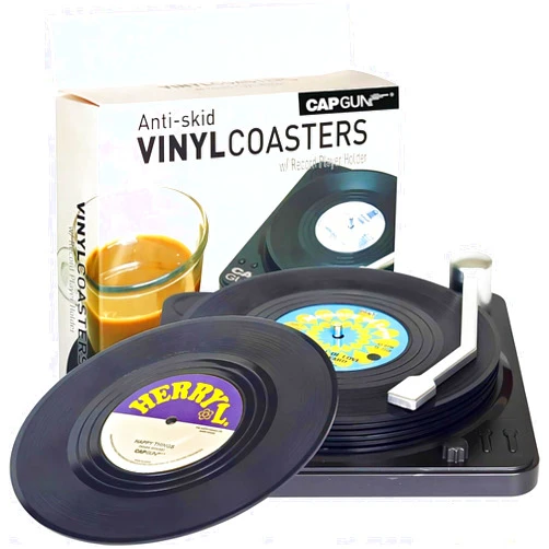 RADIXIUM Funny Retro Vinyl Record Coasters, Creative Drink Coasters Set of 6 with Vinyl Record Player Holder for Music Lovers, Housewarming Hostess Gifts, Birthday and White Elephant Gifts Ideas