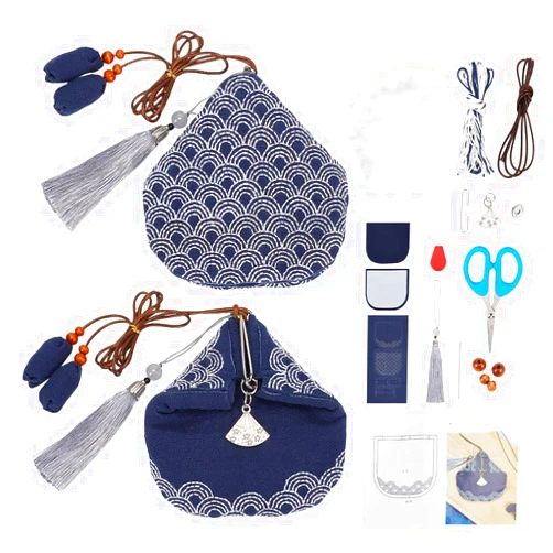 FREEBLOSS Sashiko Coin Purse DIY Kit with Instructions Waves Sashiko Kit for Beginners Japanese Sashiko Embroidery Bag for Girls Mums Gift