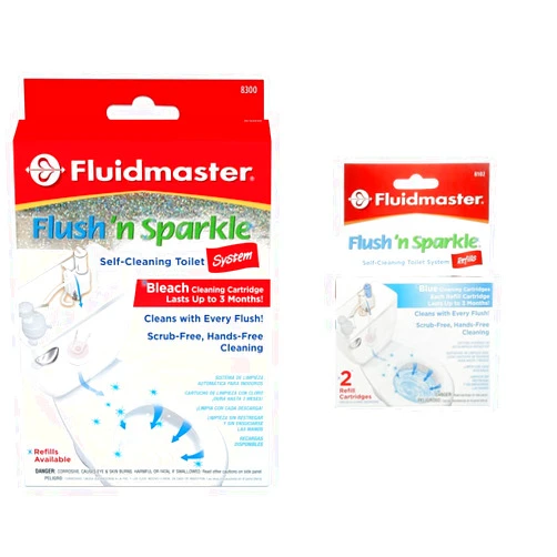 FLUSH N SPARKLE Fluidmaster 8300 Automatic Toilet Bowl Cleaning System with Bleach Cartridge & Fluidmaster 8102P8 Automatic Toilet Bowl Cleaning System Refills, Blue 2-Pack