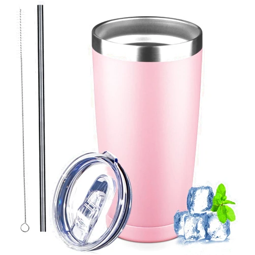 GUDEMAO 20 oz Tumbler with Lids and Straws, Stainless Steel Insulated Coffee Tumbler, Double Wall Vacuum Insulated Travel Mug Cup, Leakproof Thermal Coffee Cup for Hot and Cold Drinks (light pink)