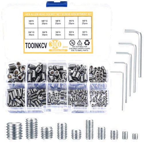 TOOINKCV 300 Pcs Stainless Steel Socket Head Screws Assortment Kit, Allen Head Socket Hex Head Screws, Metric M3 M4 M5 M6 M8 Grub Screws Set for Door Handles, Light Fixture