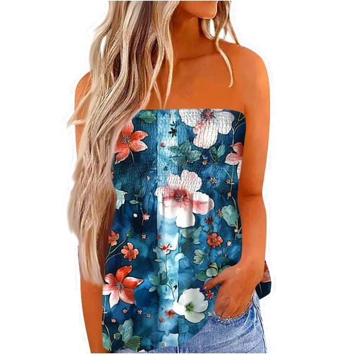 COKUERA Womens Strapless Print/Gradient Tank Tops Tube Tops Floral Smocked Ruffled Backless Casual Loose Sleeveless Shirts