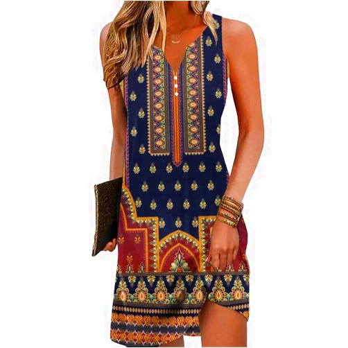 ETCYY NEW V-Neck Floral Printed Summer A-Line Elegant Dresses Womens Vintage Sleeveless Beach Sundress Ladies Casual Loose Boho Dress