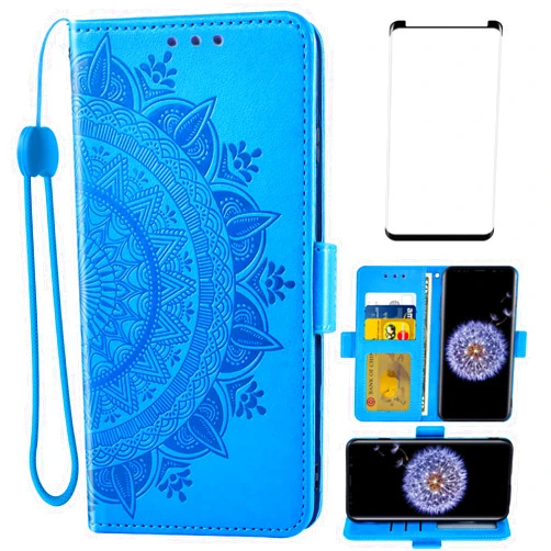Asuwish Compatible with Samsung Galaxy S9 Plus Wallet Case Tempered Glass Screen Protector Card Holder Flip Wrist Strap Stand Cell Phone Cover for Glaxay S9+ 9S 9+ S 9 9plus S9plus Men Blue
