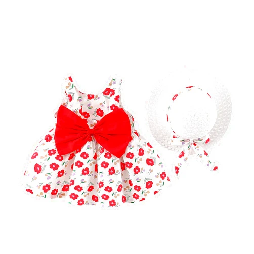 Camidy Infant Baby Girl Polka Dots Bowknot Dress Sleeveless Sundress with Straw Hat