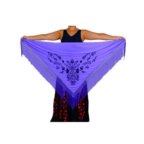 AMINA JAADE AMINA Medium Peak Shawl Triangular Flamingo or Sevillanas (170 x 70 cm) Lilac Embroidered Black