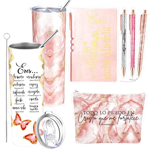 Funnymoom 6 Pcs Spanish Christian Gift 20 oz Christian Tumbler Makeup Bag A6 Leather Journal Ballpoint Pens Inspirational Religious Holy Week Church Gift for Women(Pink)