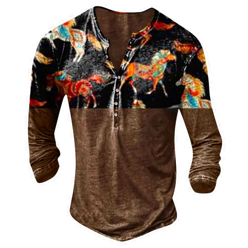 Shusuen Men Casual Large Size Pullover Tops 3d Digital Print Long Sleeve Retro V Neck Tshirt Fashion Loose Sweatshirt