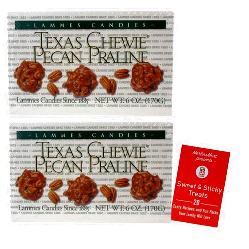 Lammes Candies Gourmet Caramel Pecan Pralines Gift Box | Individually Wrapped Buttery Texas Pralines Caramel Candy Clusters (2 Pack - 6 ounces each) Plus Recipe Booklet Bundle