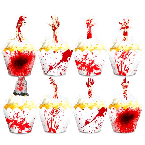 CZolden 48 Pieces Halloween Cupcake Toppers Cupcake Wrappers Kit Bloody Zombie Hand Cake Decoration for Halloween Party Kitchen Cupcake Baking