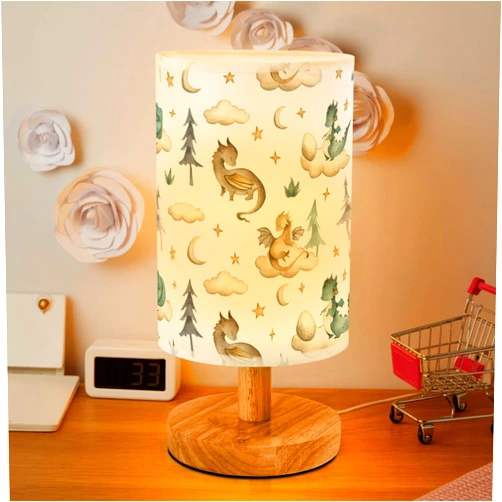 Imvertu Cute Dragon Bedside Table Lamp for Bedroom with USB Port, Funny Cozy Kids Nightstand Lamp with Wood Base Polyester Fabric Shade for Living Room Dorm Desk (White)