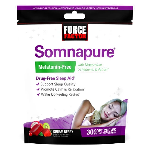 Force Factor Somnapure Melatonin-Free Soft Chews, Sleep Aid to Improve Sleep Quality, Sleep Aids for Adults with Affron, Magnesium, L-Theanine, Chamomile, Lemon Balm, Dream Berry Flavor, 30 Soft Chews