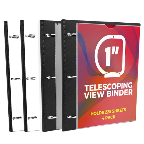 MAKHISTORY 1 Inch Telescoping 3 Ring Binder-4PCS, Flexible Binder with Customized Front Cover, Holds 225 Sheets, School Office Supplies, White+Black