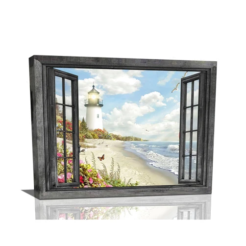 Jamie world Lighthouse Nautical Wall Art Coastal Beach Pictures Canvas Prints Ocean Decorations Painting Framed Window Seascape Artwork Gifts Office Home Decor for Bathroom Dining Living Room 16