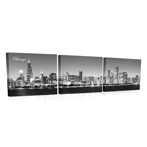 TUMOVO Chicago City Black and White Wall Art 3 Pieces View of Chicago Skyline and Lake Michigan at Night Painting Canvas Wall Decorations for Living Room, Bedroom, Bathroom, Office 12x16 inch x 3