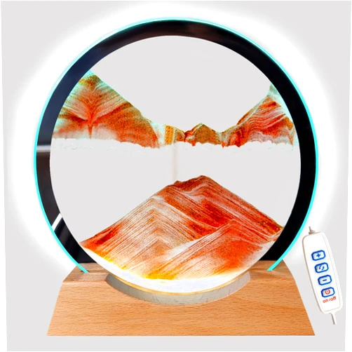 Akaco Sand Art Liquid Motion Yellow Wooden Base Sandscape Moving Sand Art with Light Round Glass 3D Color Quicksand Decor Sand Painting Table Lamp for Desk Toys Home Office Decor Creative Gift(Orange)