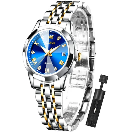OLEVS Womens Watch Fashion Dress Diamond Female Watches for Ladies Analog Quartz Stainless Steel Waterproof Luminous Day Date Two Tone Wristwatch blue watch for women